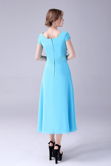 Azul Cielo De Cuello Cuadrado De Cuello De La Madre De La Novia Vestido Con Plisado